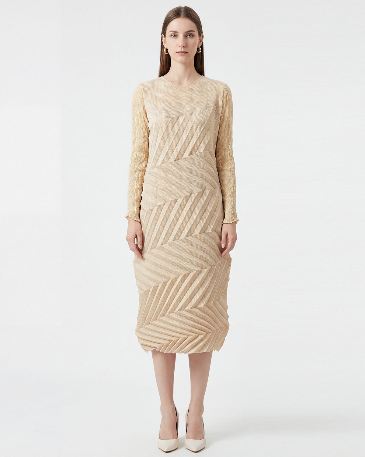 Irregular Pleated Red Long-Sleeve Crew-Neck Dress