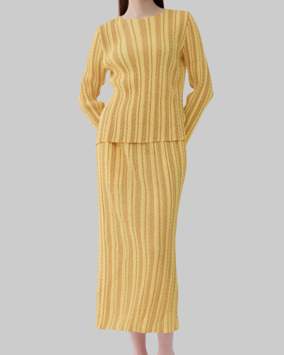 PLEATS PLEASE ISSEY MIYAKE Style Pleated Striped Top and Slim Skirt Set