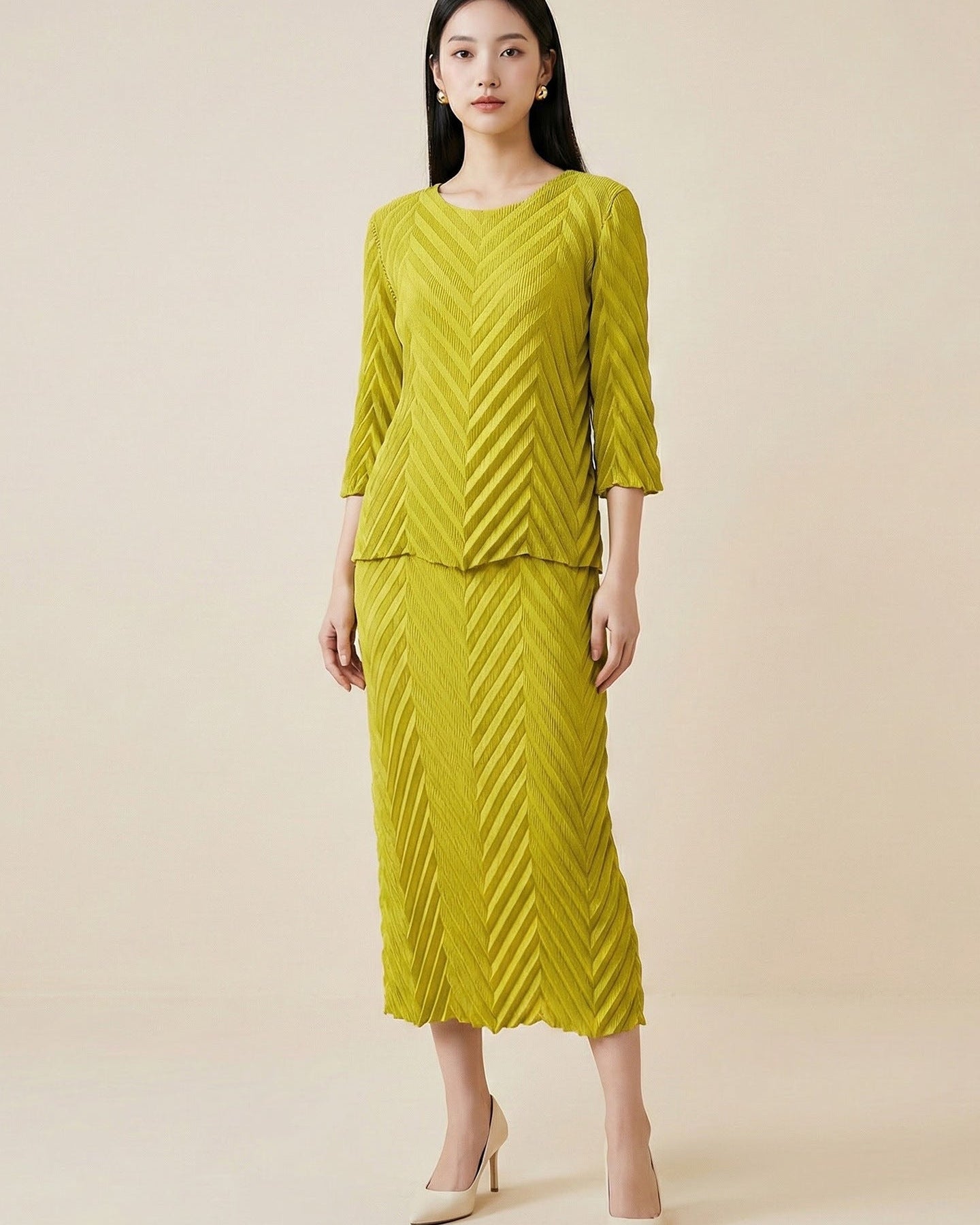 Pleated Long-Sleeve Skirt Set