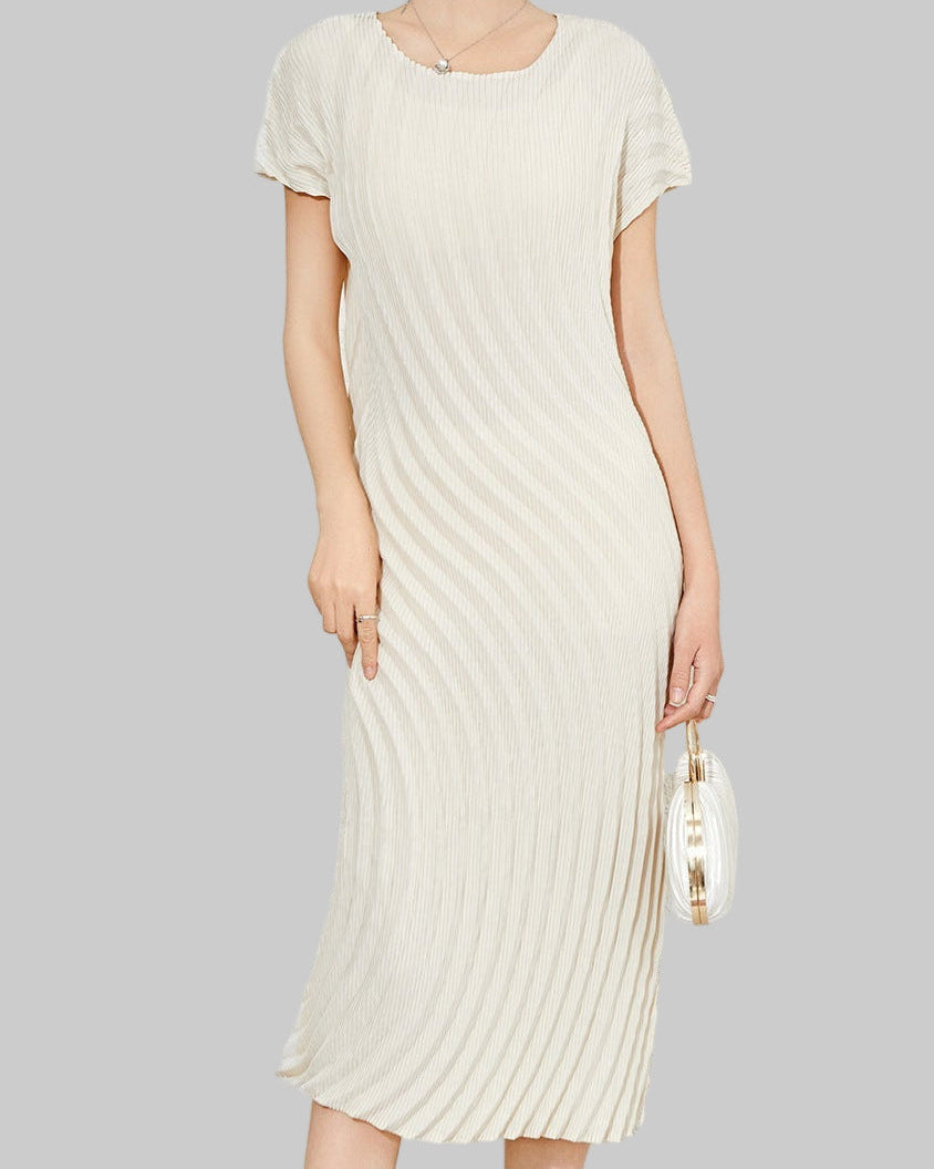 Counter quality water ripple annual ring curved dress summer new Miyake versatile commuting fashion short sleeve long skirt IsseyMiyakePleats