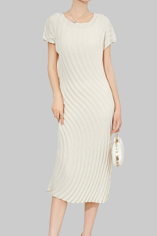 Counter quality water ripple annual ring curved dress summer new Miyake versatile commuting fashion short sleeve long skirt IsseyMiyakePleats