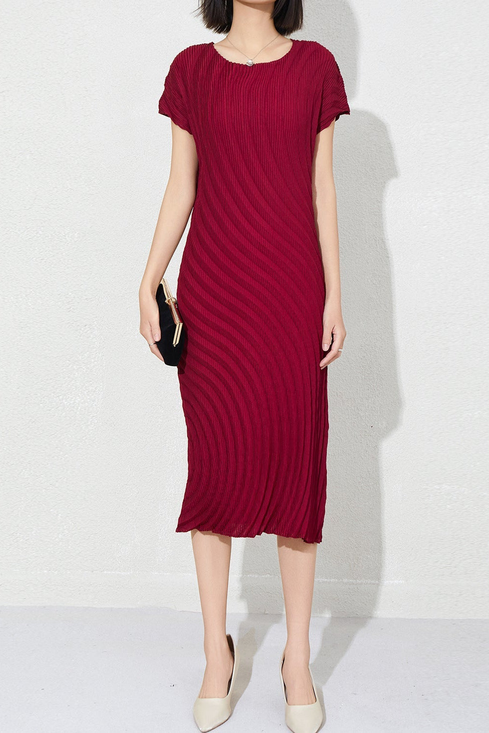 Counter quality water ripple annual ring curved dress summer new Miyake versatile commuting fashion short sleeve long skirt IsseyMiyakePleats