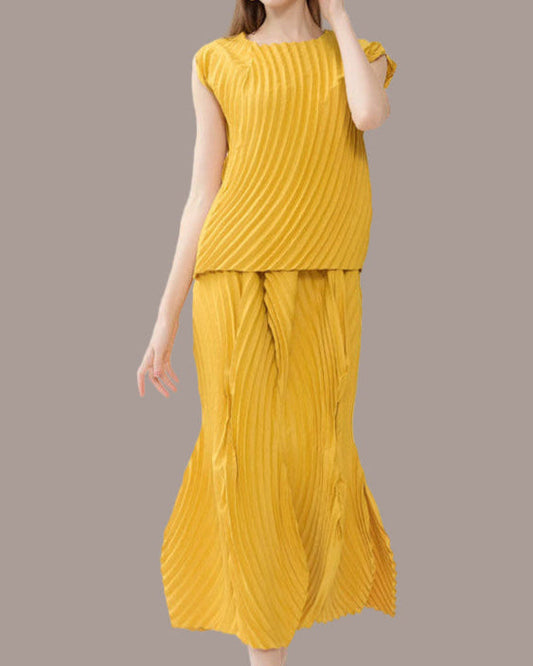 PLEATS PLEASE ISSEY MIYAKE Style Pleated Slim Top and Skirt Set– Elegant Two-Piece Women’s Outfit