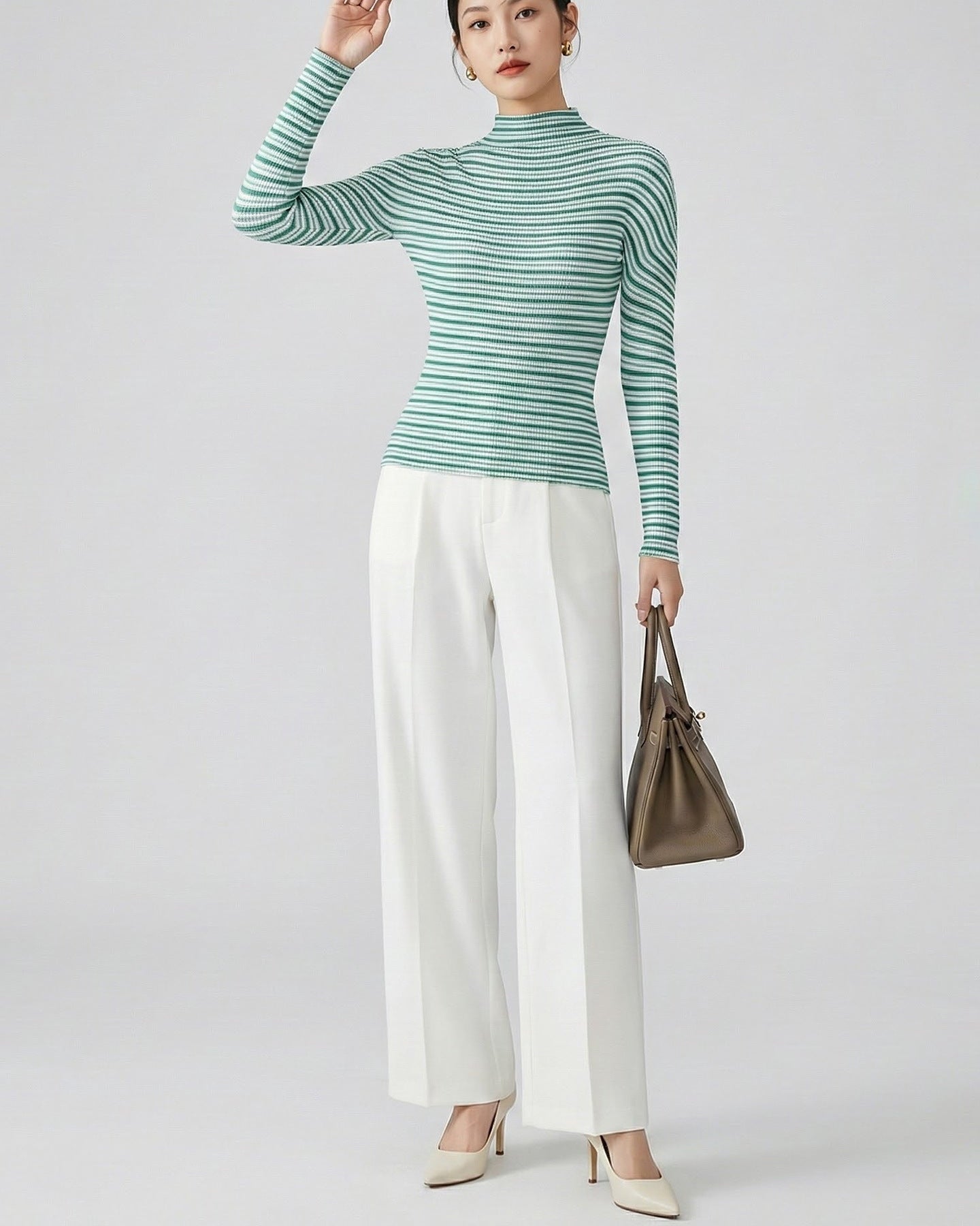 Pleated Semi-Turtleneck Slim-Fit Long-Sleeve Top