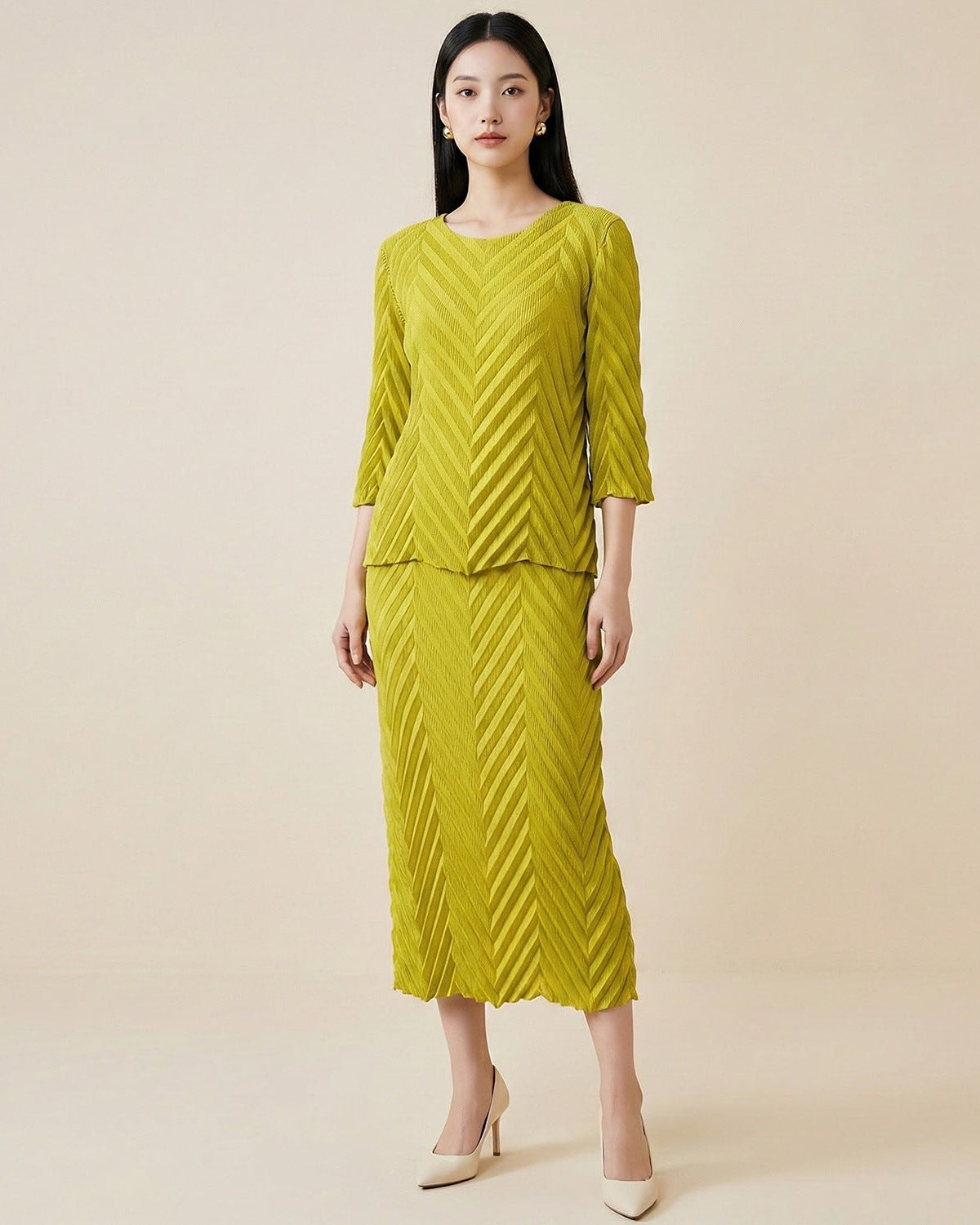 Pleated Long-Sleeve Skirt Set