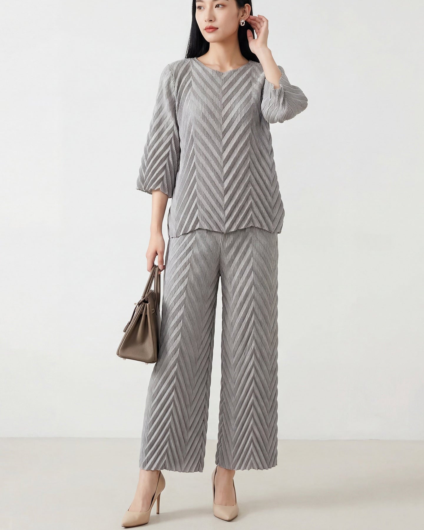 Pleated Long-Sleeve Crew-Neck Top & Wide-Leg Pants Set