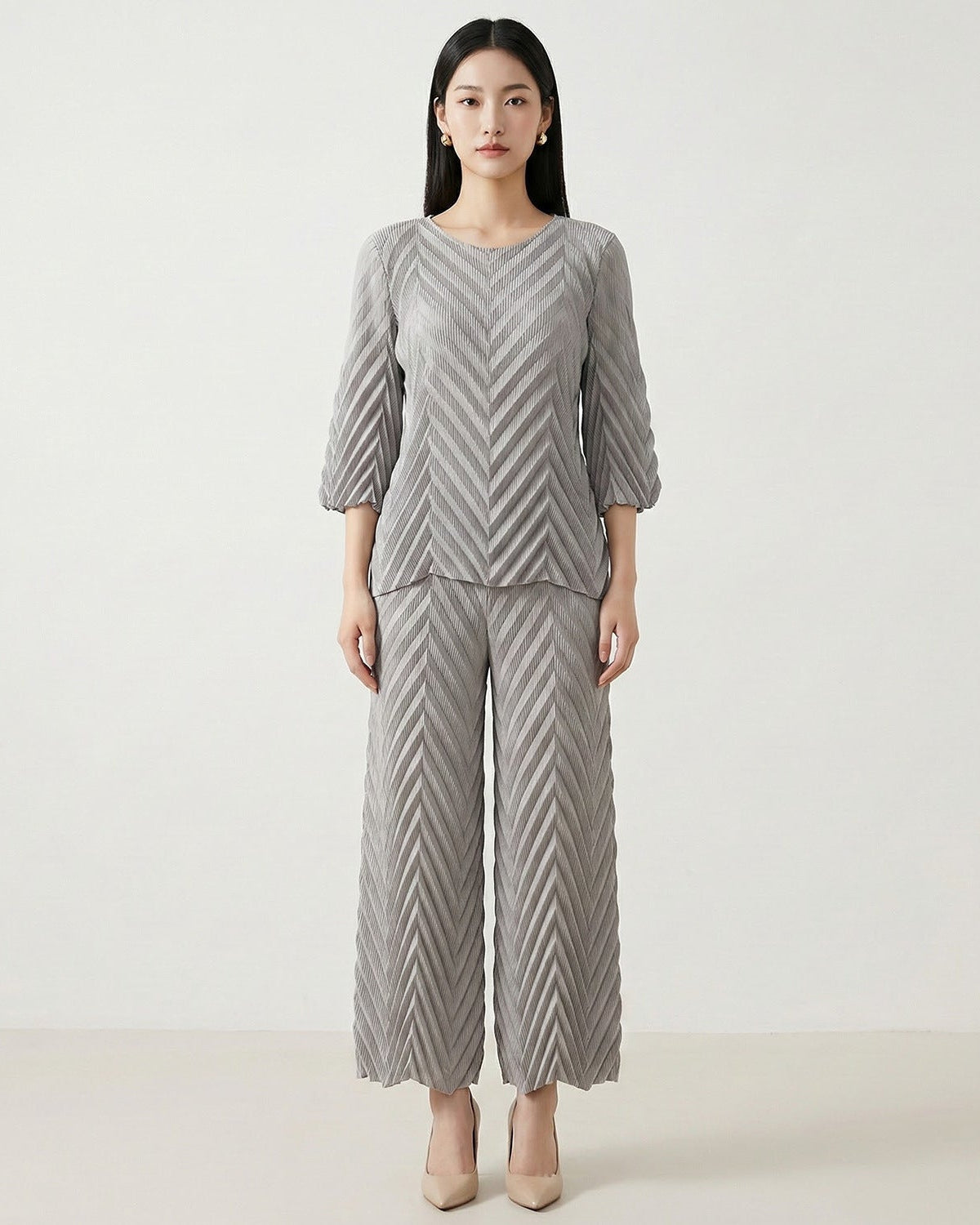 Pleated Long-Sleeve Crew-Neck Top & Wide-Leg Pants Set