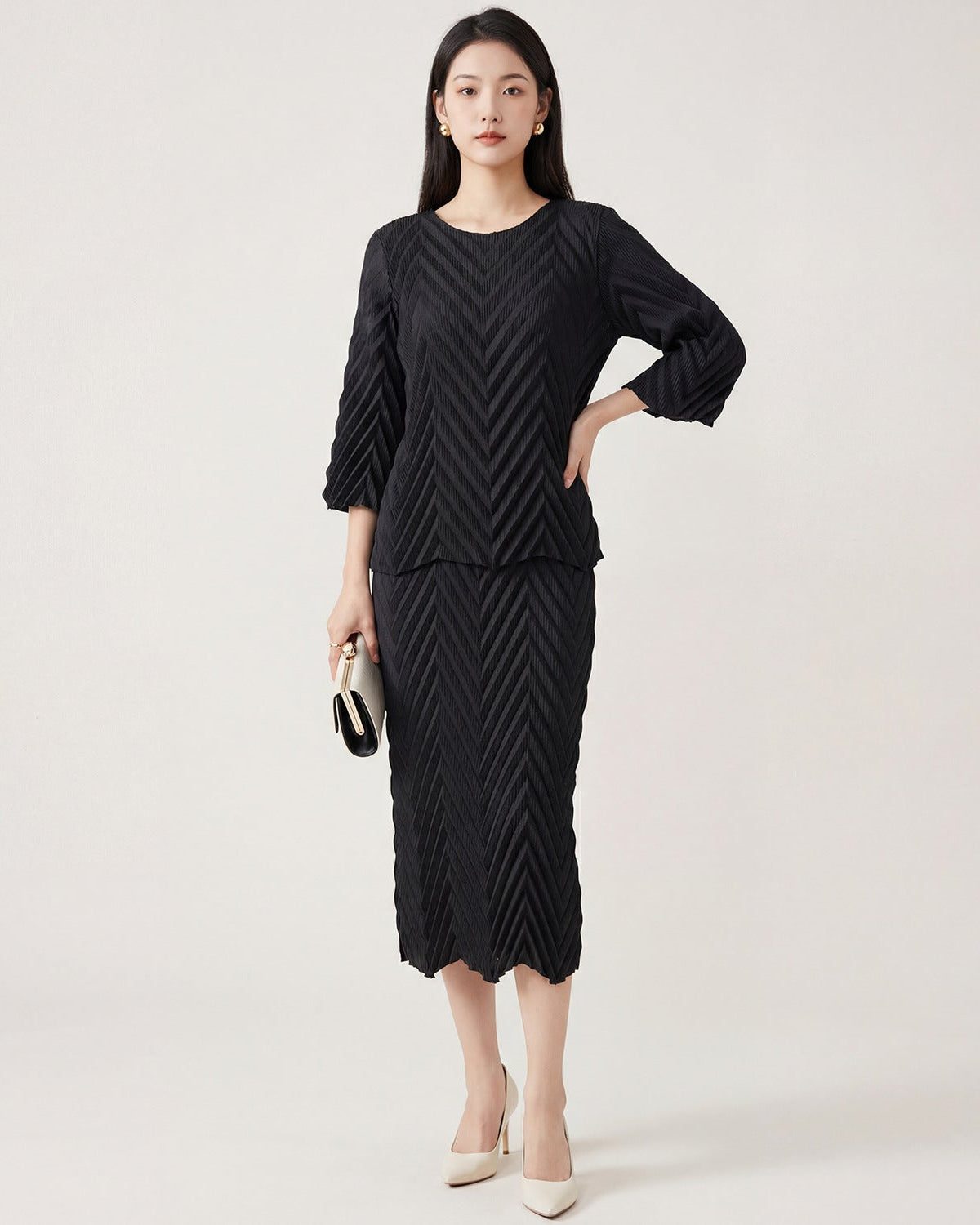 Pleated Long-Sleeve Skirt Set