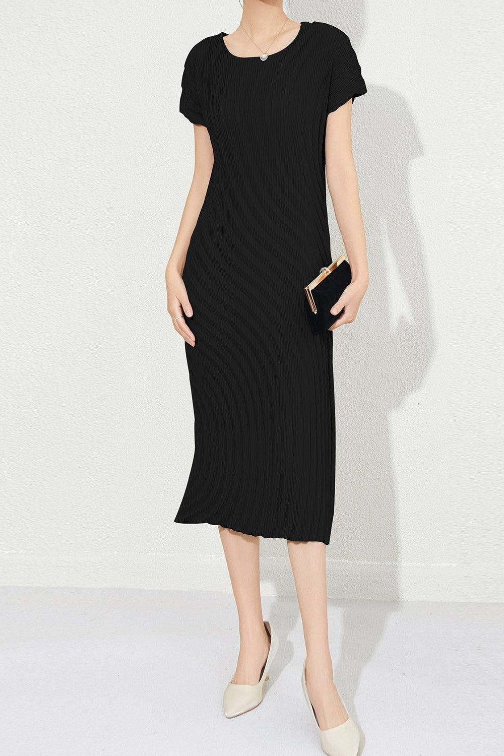 Counter quality water ripple annual ring curved dress summer new Miyake versatile commuting fashion short sleeve long skirt IsseyMiyakePleats