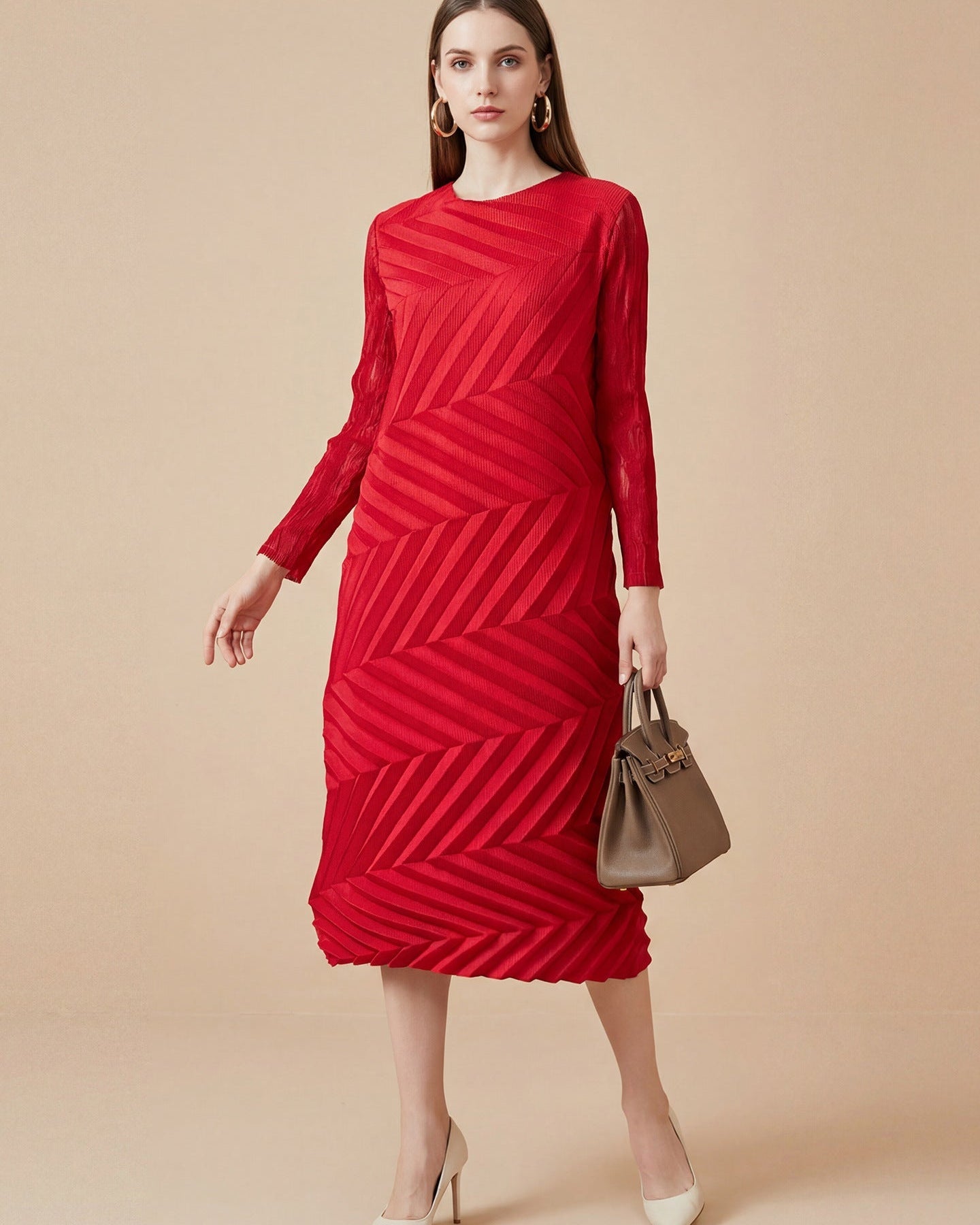 Irregular Pleated Red Long-Sleeve Crew-Neck Dress