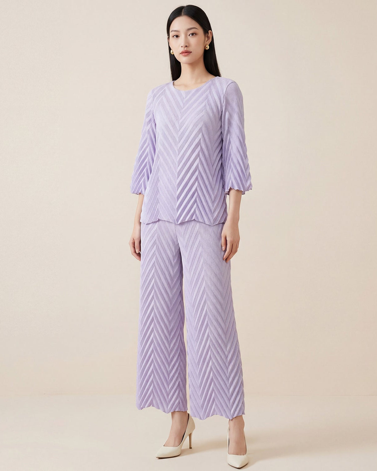 Pleated Long-Sleeve Crew-Neck Top & Wide-Leg Pants Set