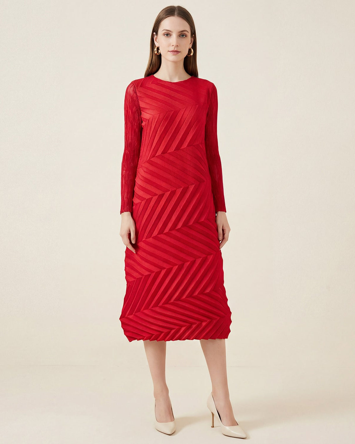 Irregular Pleated Red Long-Sleeve Crew-Neck Dress