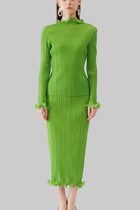 PLEATS PLEASE ISSEY MIYAKE Style Green Pleated A-Line Skirt Set