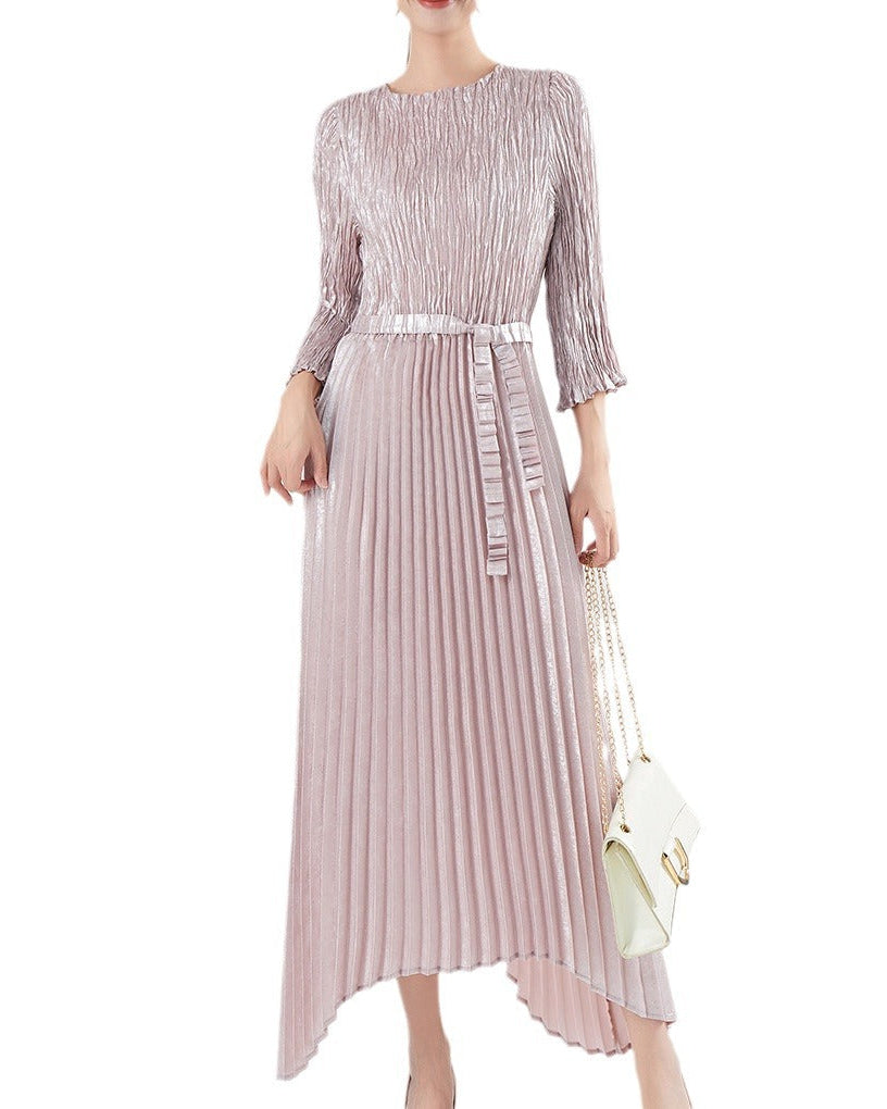 Irregular Lace-Up Pleated Midi Dress