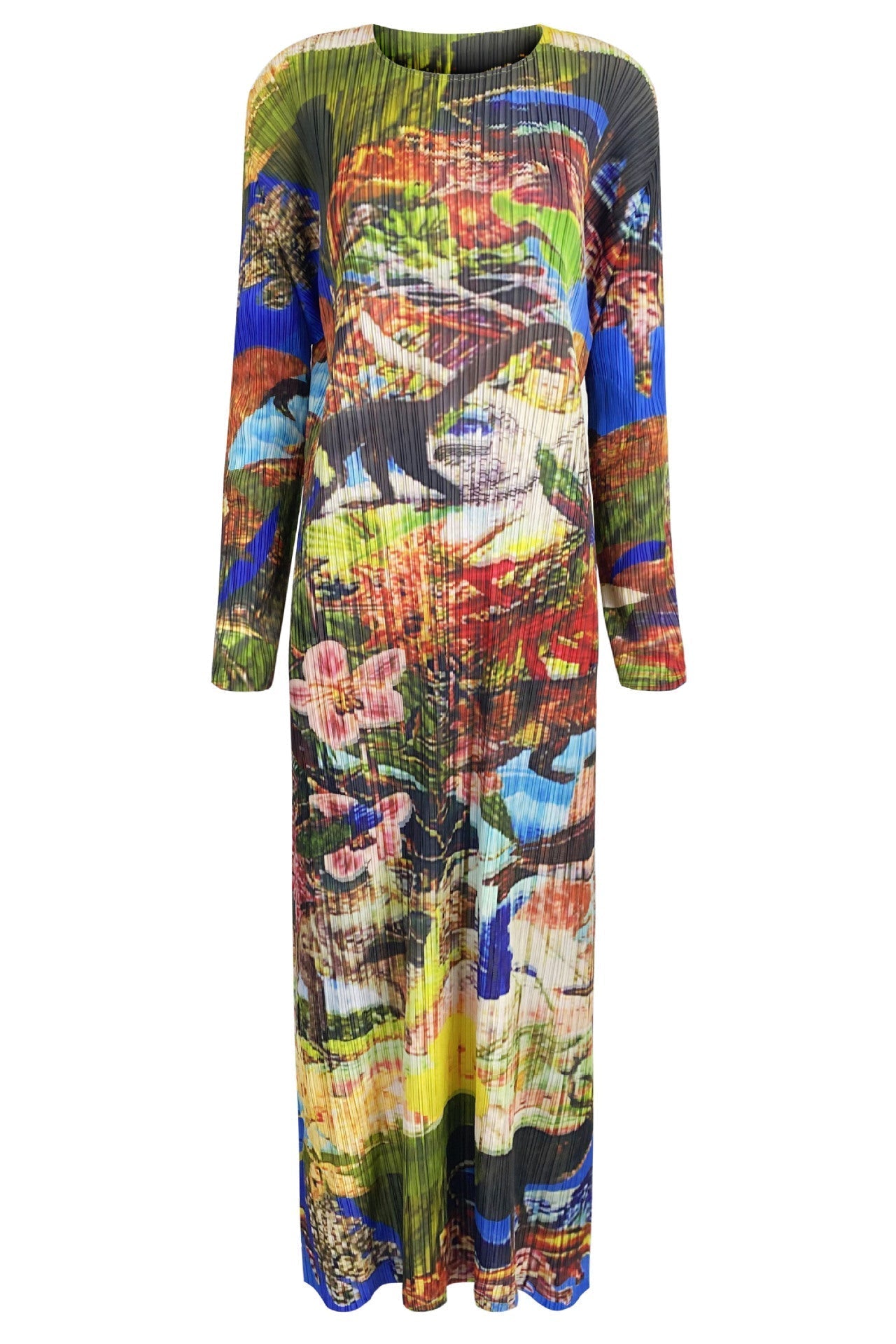 Miyake dress women's summer new pleated Jurassic print long sleeve crew neck A-line skirt long colored skirt