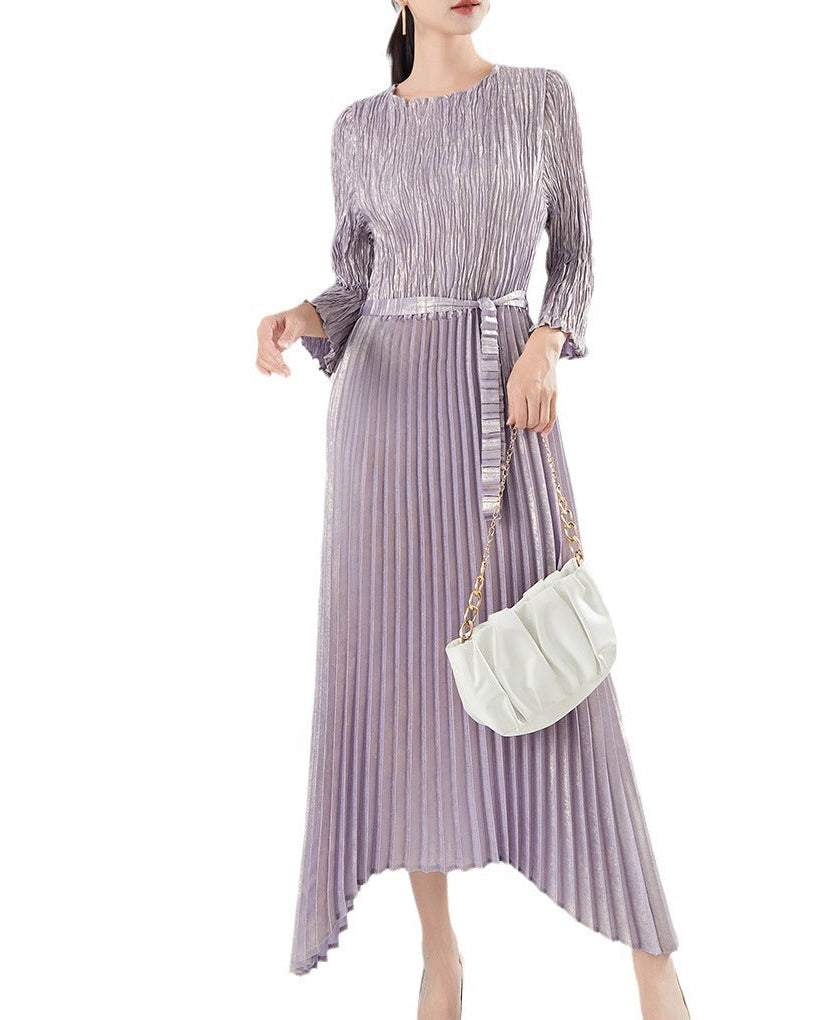 Irregular Lace-Up Pleated Midi Dress