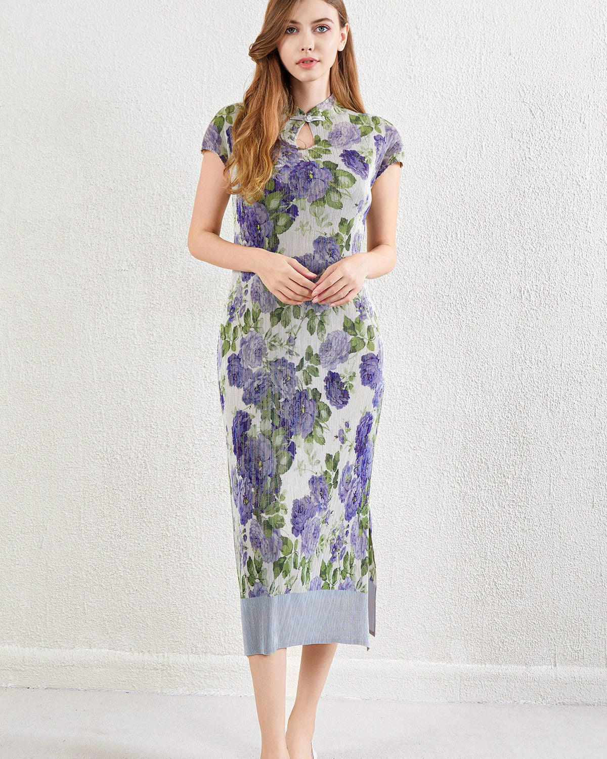 Pleated Printed Cheongsam Dress