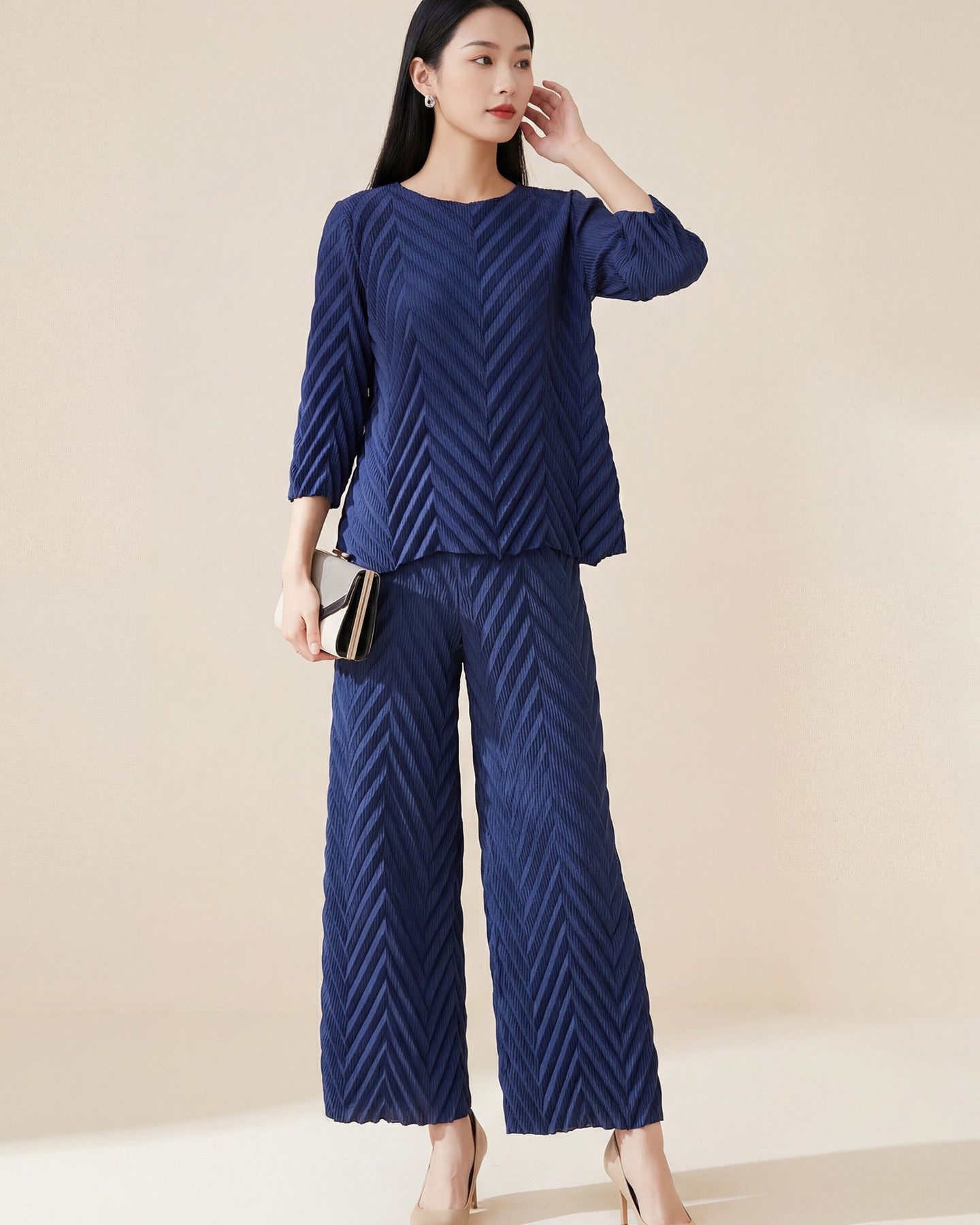 Pleated Long-Sleeve Crew-Neck Top & Wide-Leg Pants Set