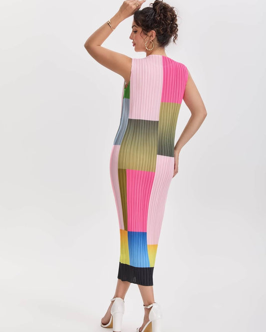 PLEATS PLEASE ISSEY MIYAKE Pleated Color Block Midi Dress