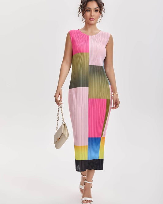 PLEATS PLEASE ISSEY MIYAKE Pleated Color Block Midi Dress