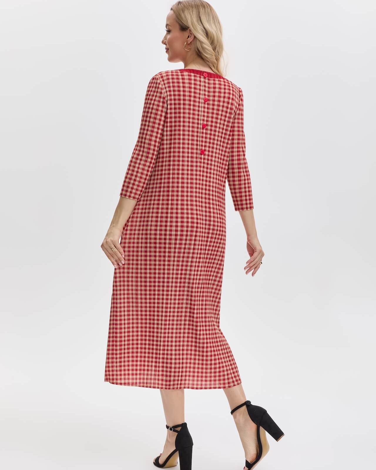 Pleats Please By Issey Miyake Pleated Gingham Midi Dress With Pockets