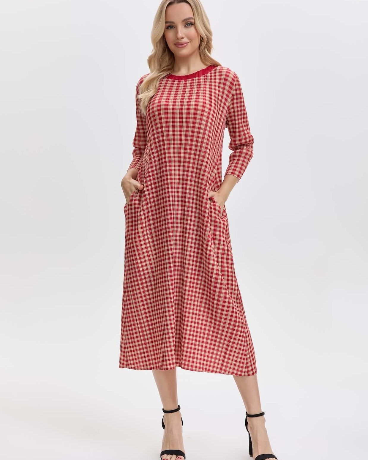 Pleats Please By Issey Miyake Pleated Gingham Midi Dress With Pockets