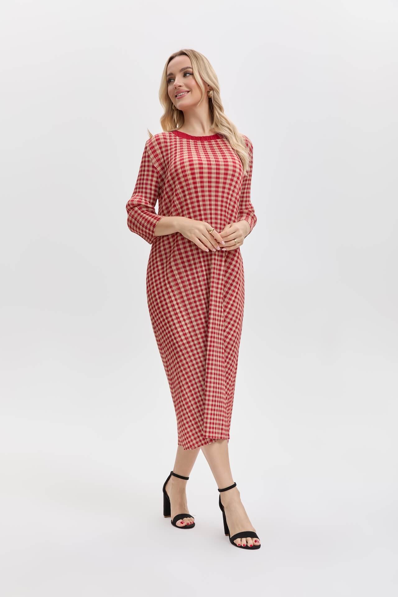 Pleats Please By Issey Miyake Pleated Gingham Midi Dress With Pockets