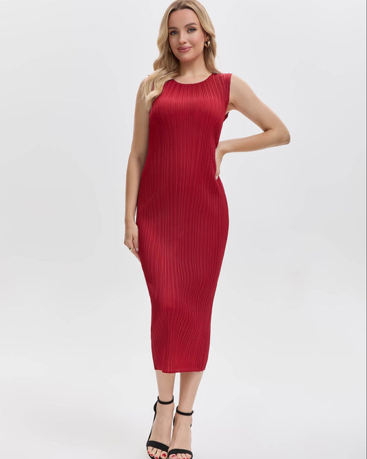 Pleats Please By Issey Miyake Pleated Midi Dress Maternity Friendly-Wine Red