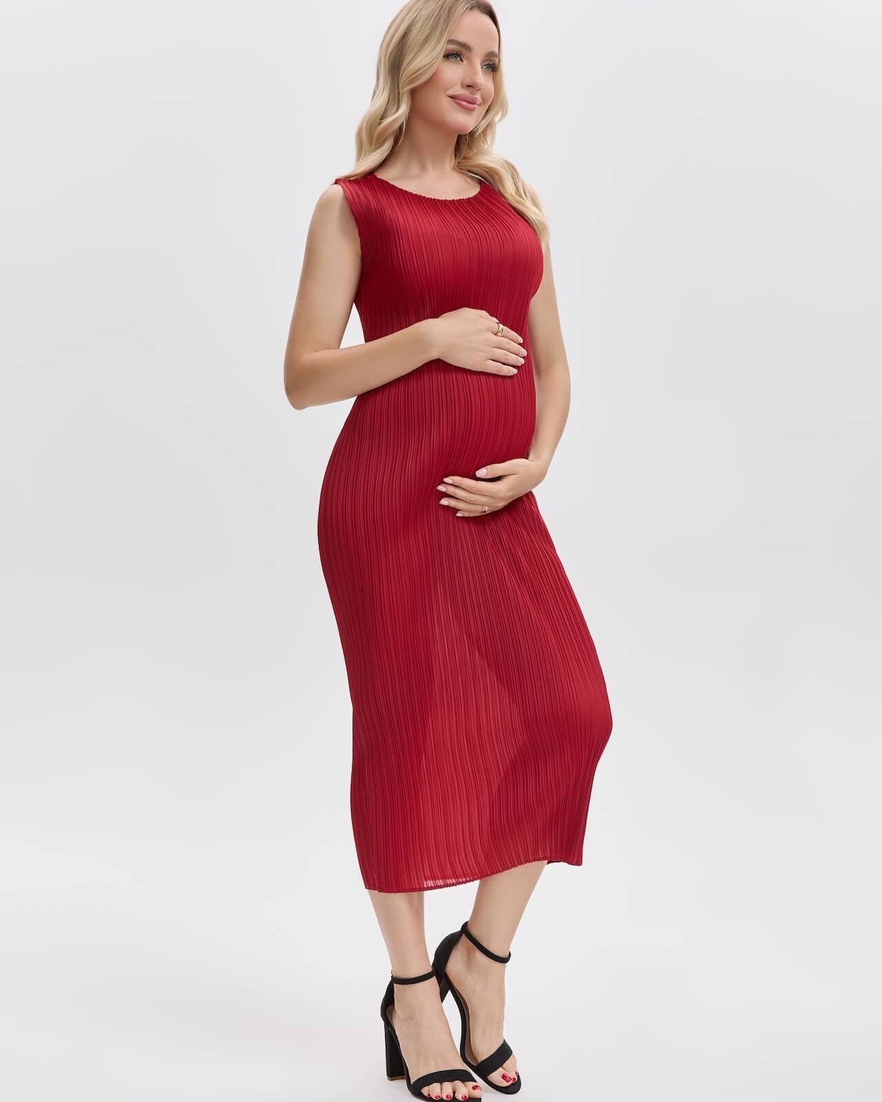 Pleats Please By Issey Miyake Pleated Midi Dress Maternity Friendly-Wine Red