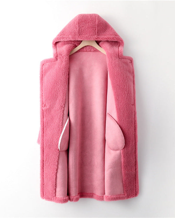 Max Mara Style Teddy Bear Icon 100% Wool&Cashmere Coat–Pink with Hood