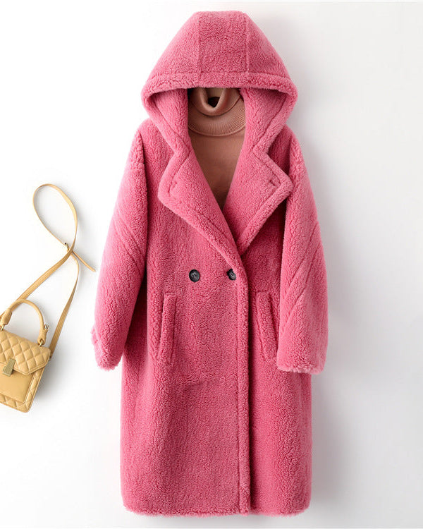 Max Mara Style Teddy Bear Icon 100% Wool&Cashmere Coat–Pink with Hood