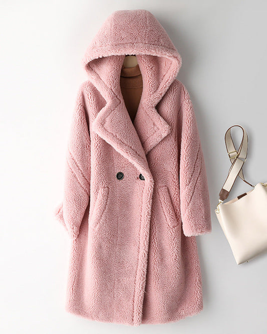 Max Mara Style Teddy Bear Icon 100% Wool&Cashmere Coat–Cherry Blossom Pink with Hood