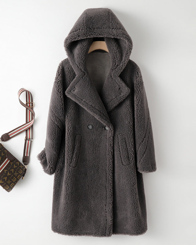 Max Mara Style Teddy Bear Icon 100% Wool&Cashmere Coat–Gray with Hood