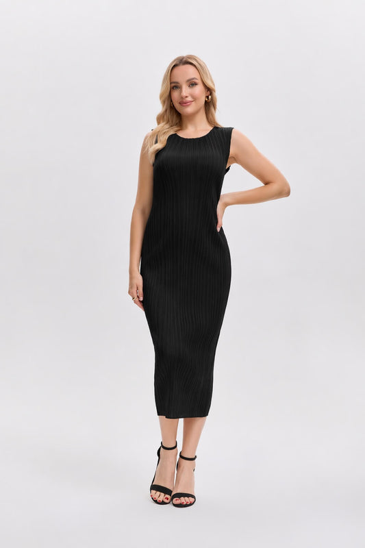 Pleats Please By Issey Miyake Pleated Midi Dress | Sleeveless, Stretchy, Maternity Friendly -Black