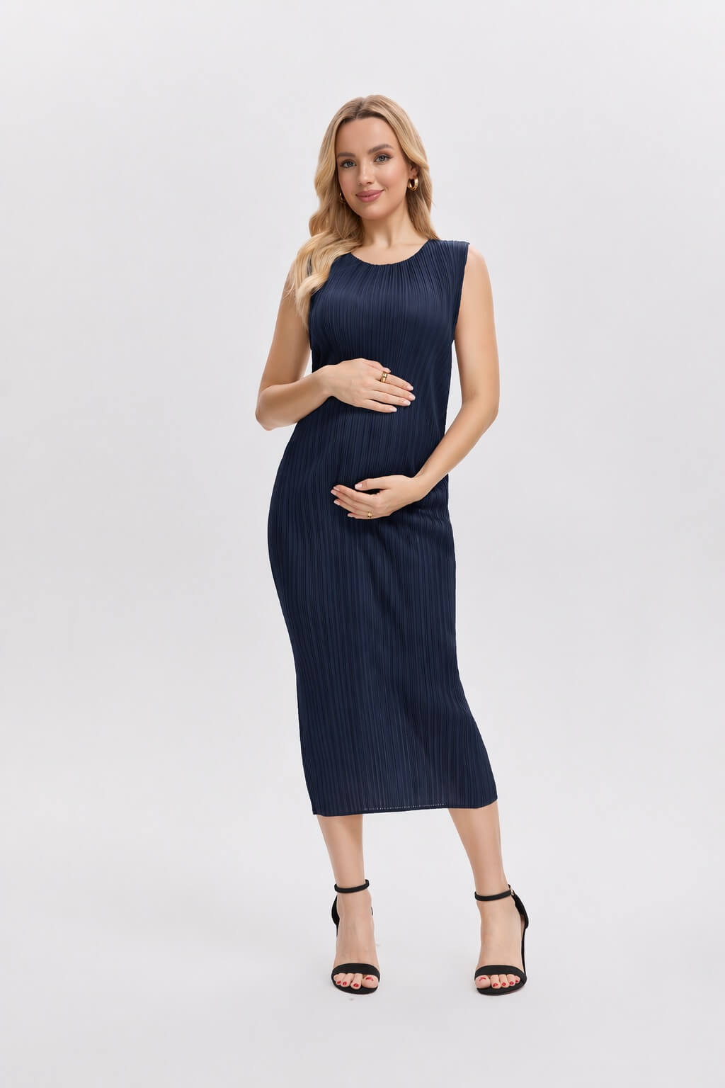 Pleats Please By Issey Miyake Pleated Midi Dress -Navy Blue