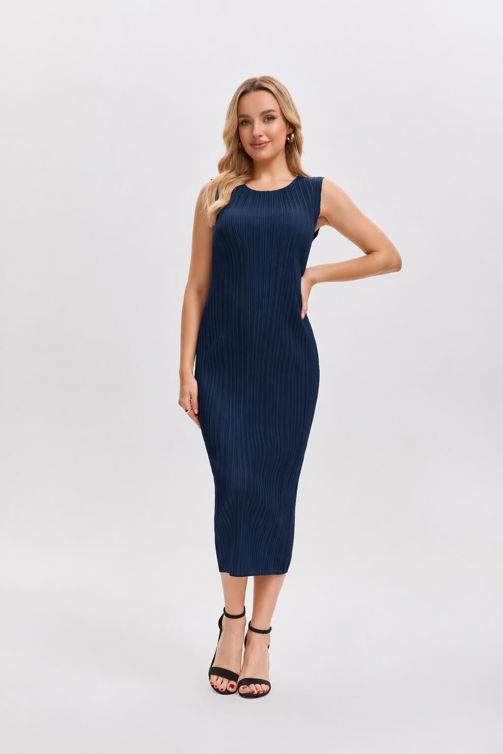 Pleats Please By Issey Miyake Pleated Midi Dress -Navy Blue