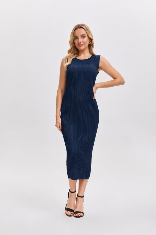 Pleats Please By Issey Miyake Pleated Midi Dress -Navy Blue