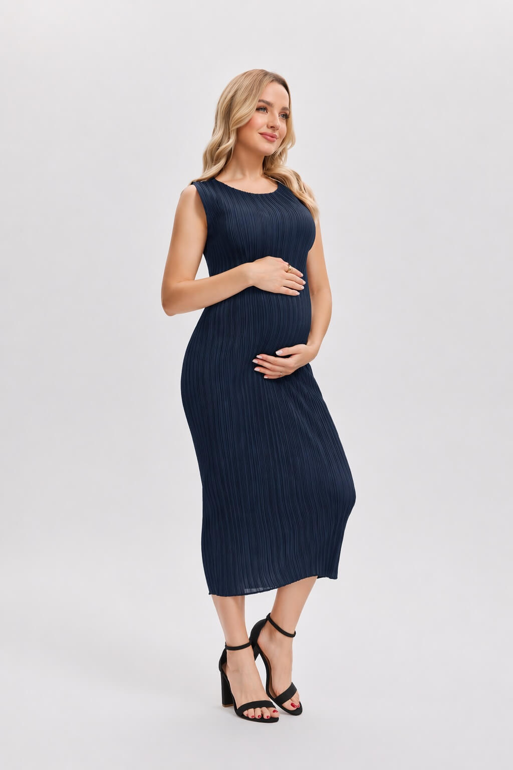 Pleats Please By Issey Miyake Pleated Midi Dress -Navy Blue