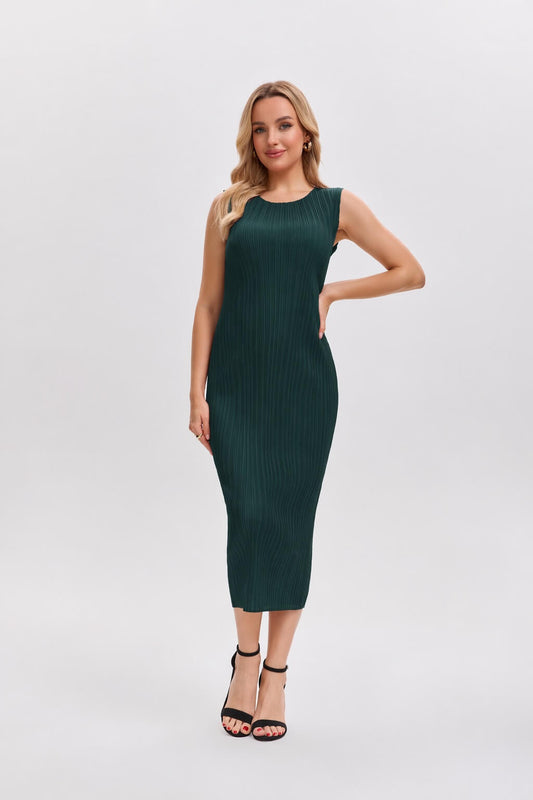 Pleats Please By Issey Miyake Pleated Midi Dress | Sleeveless, Stretchy, Maternity Friendly -Olive Green